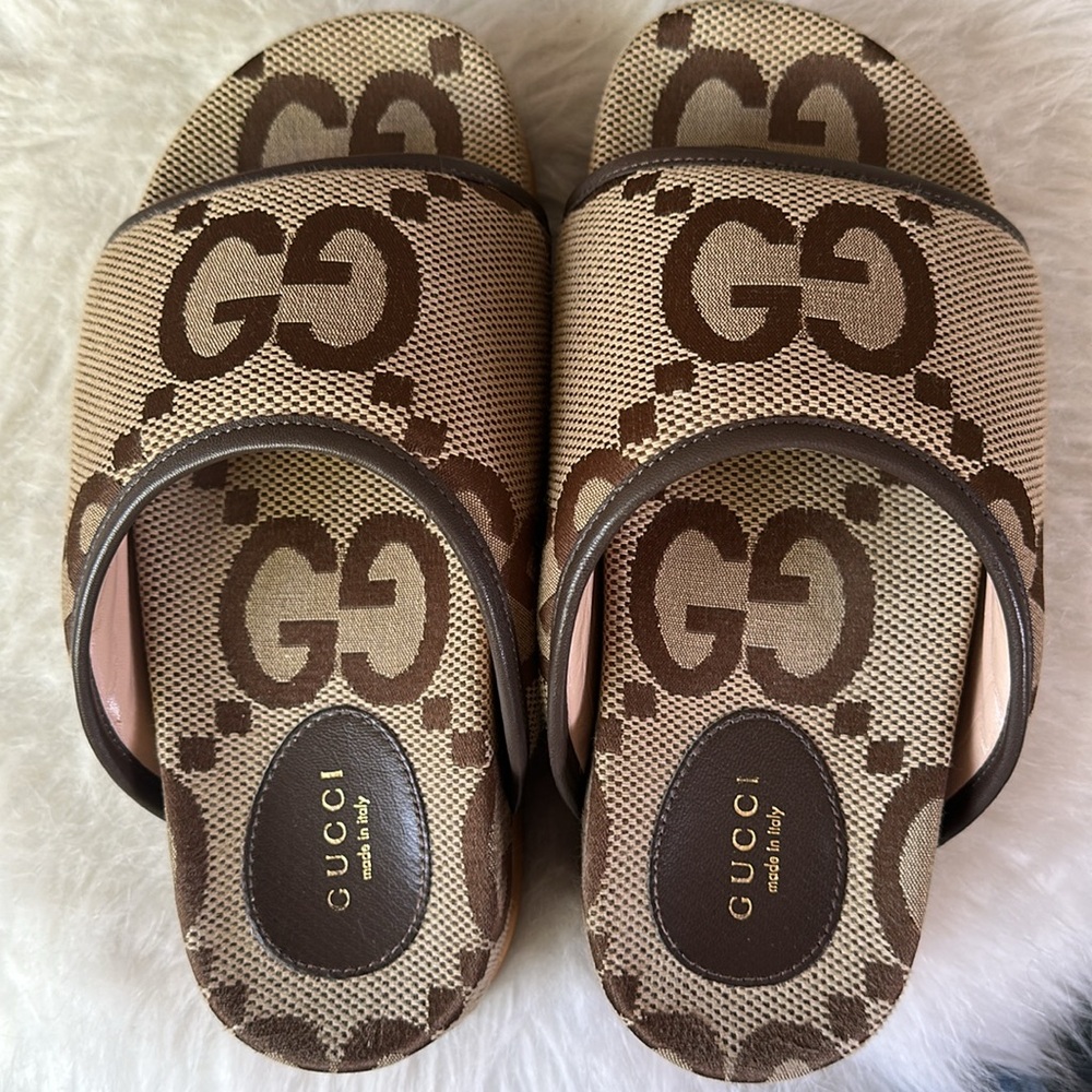 Gucci Beige and Brown Logo Slide Sandals